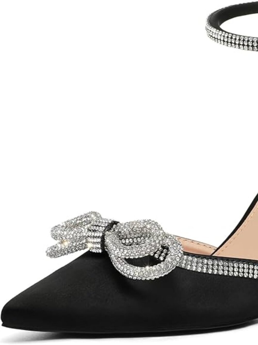 omen's Rhinestone Bow Pumps Wedding Dress Shoes Pointed Toe Ankle Strap Kitten H